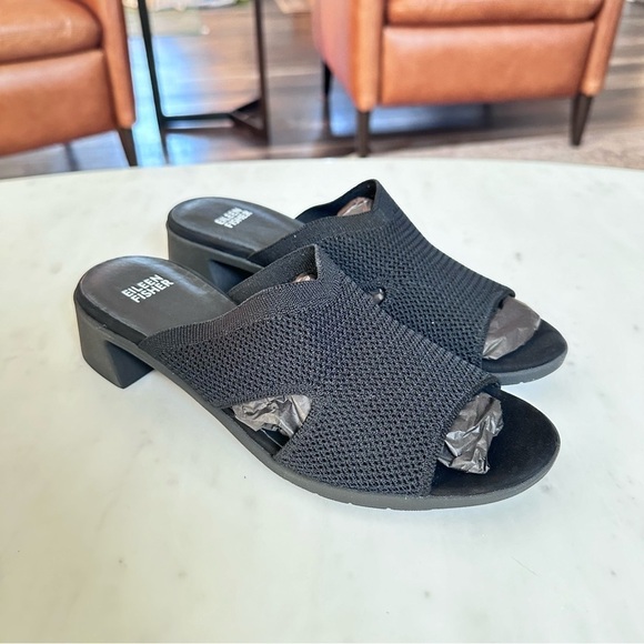 Eileen Fisher Naja Black Stretch Block Heel Open Toe Sandal Brand New Size 9 - Picture 1 of 12